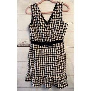 Little Mistress London Houndstooth V-Neck Ruffle Mini Dress Tan Black White US 8